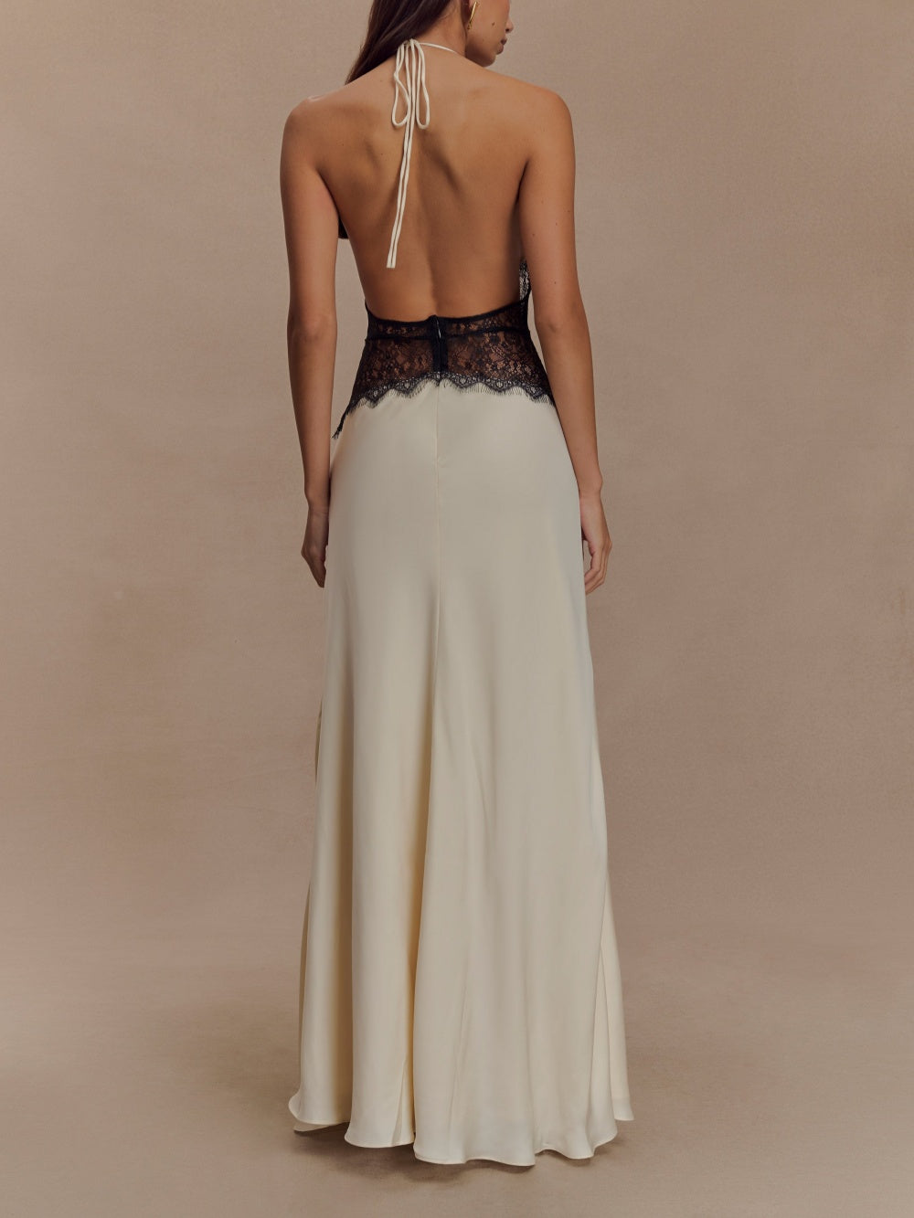 Deep V silk satin maxi dress with halterneck