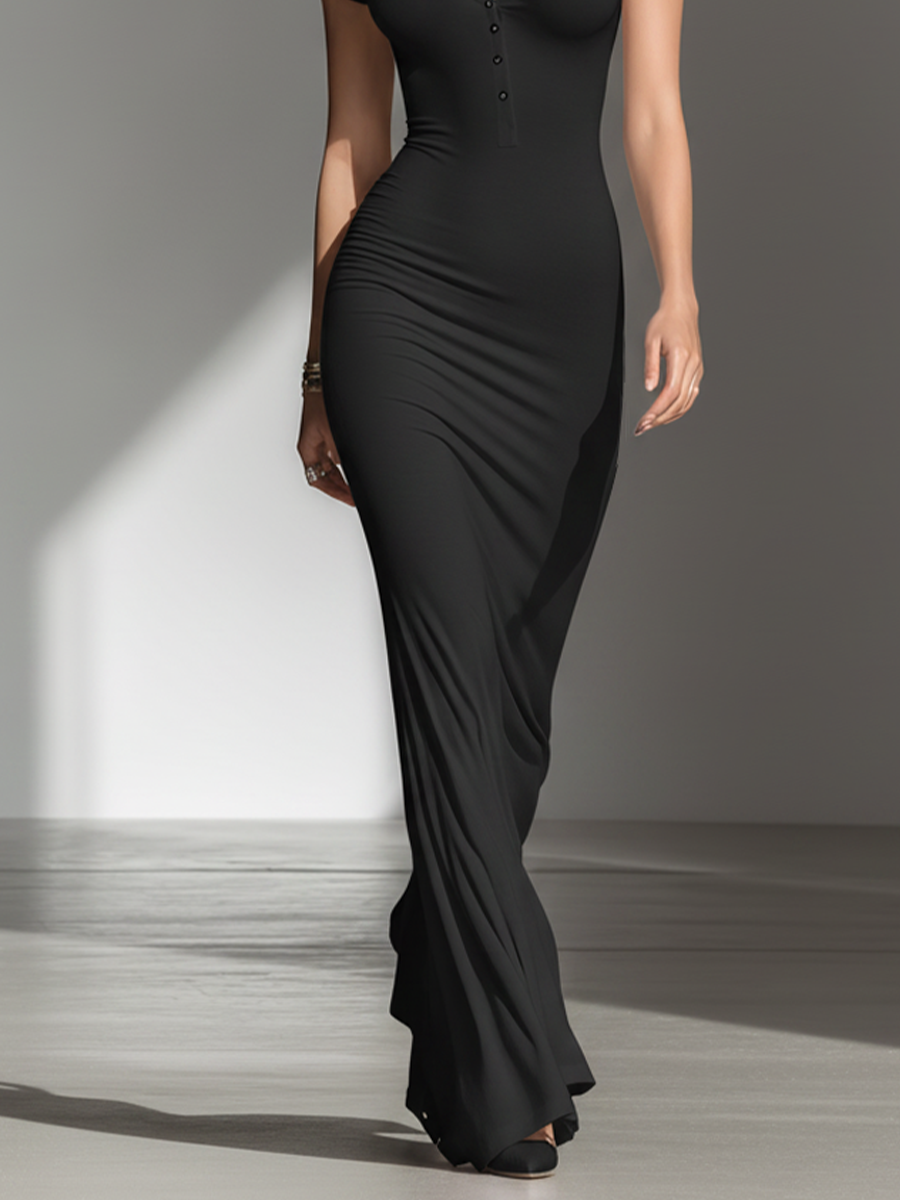 Solid Black Minimalist Buttons V-Neck Fitted Maxi Dress