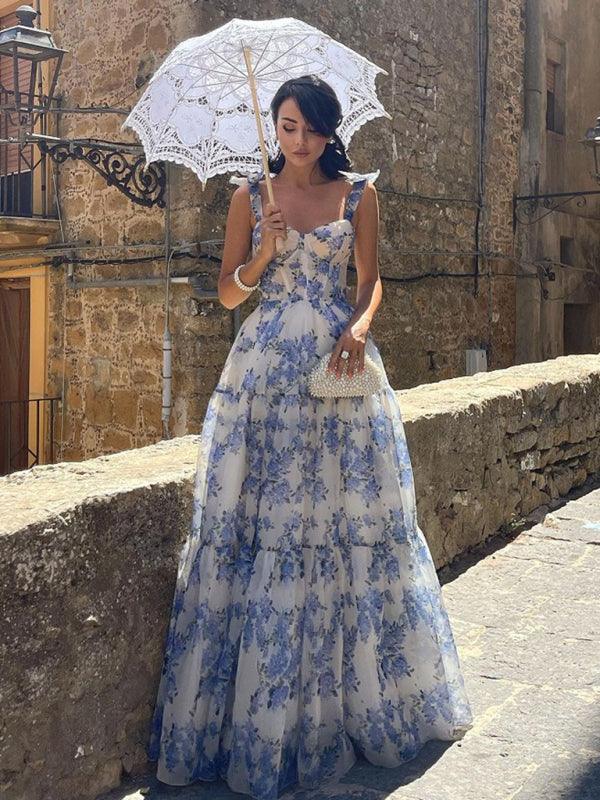 Organza Floral Print Tie Strap Maxi Dress