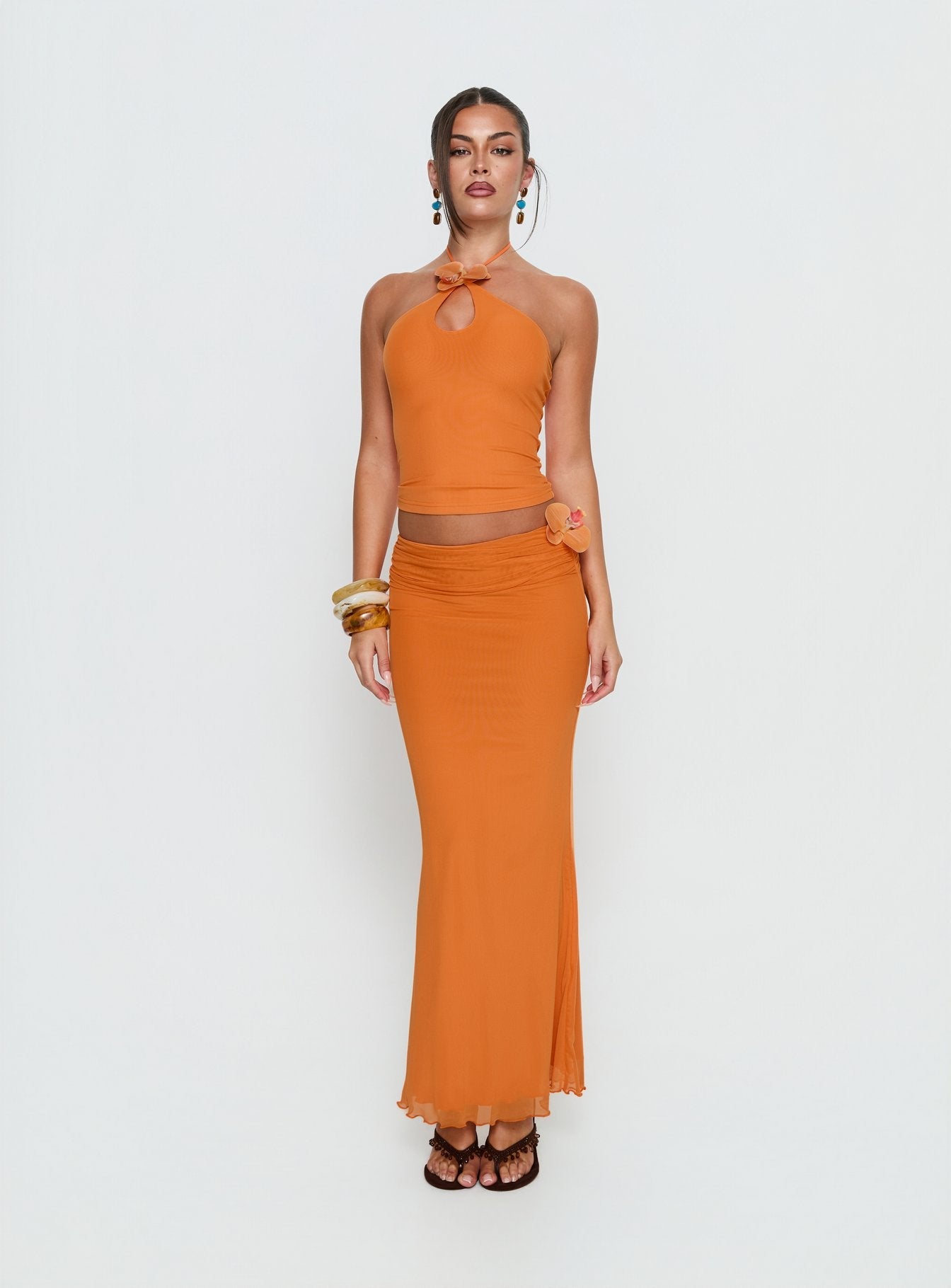 Star Fruit Ruched Waist Maxi Skirt Orange