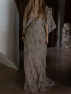 Elegant V-neck leopard print chiffon maxi dress with cape-style