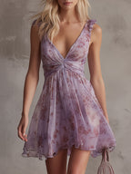 Retro Purple Floral Ruffled Chiffon Mini Dress