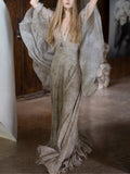 Elegant V-neck leopard print chiffon maxi dress with cape-style