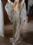 Elegant V-neck leopard print chiffon maxi dress with cape-style