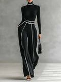 Long Sleeve High Neck Top Set with White Trim, Wide Leg Pants and Belt