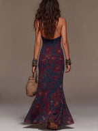 Retro Lace Halterneck Floral Fishtail Maxi Dress