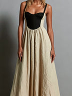 Khaki Sleeveless Maxi Dress with Square Neck and Color-Block Paneling