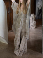Elegant V-neck leopard print chiffon maxi dress with cape-style