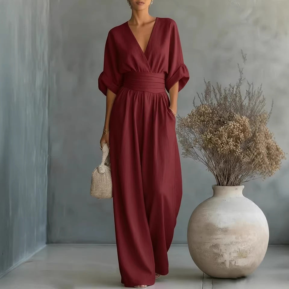 Flowy V-Neck Wide-Leg Jumpsuit with Waist Tie
