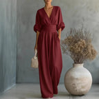 Flowy V-Neck Wide-Leg Jumpsuit with Waist Tie