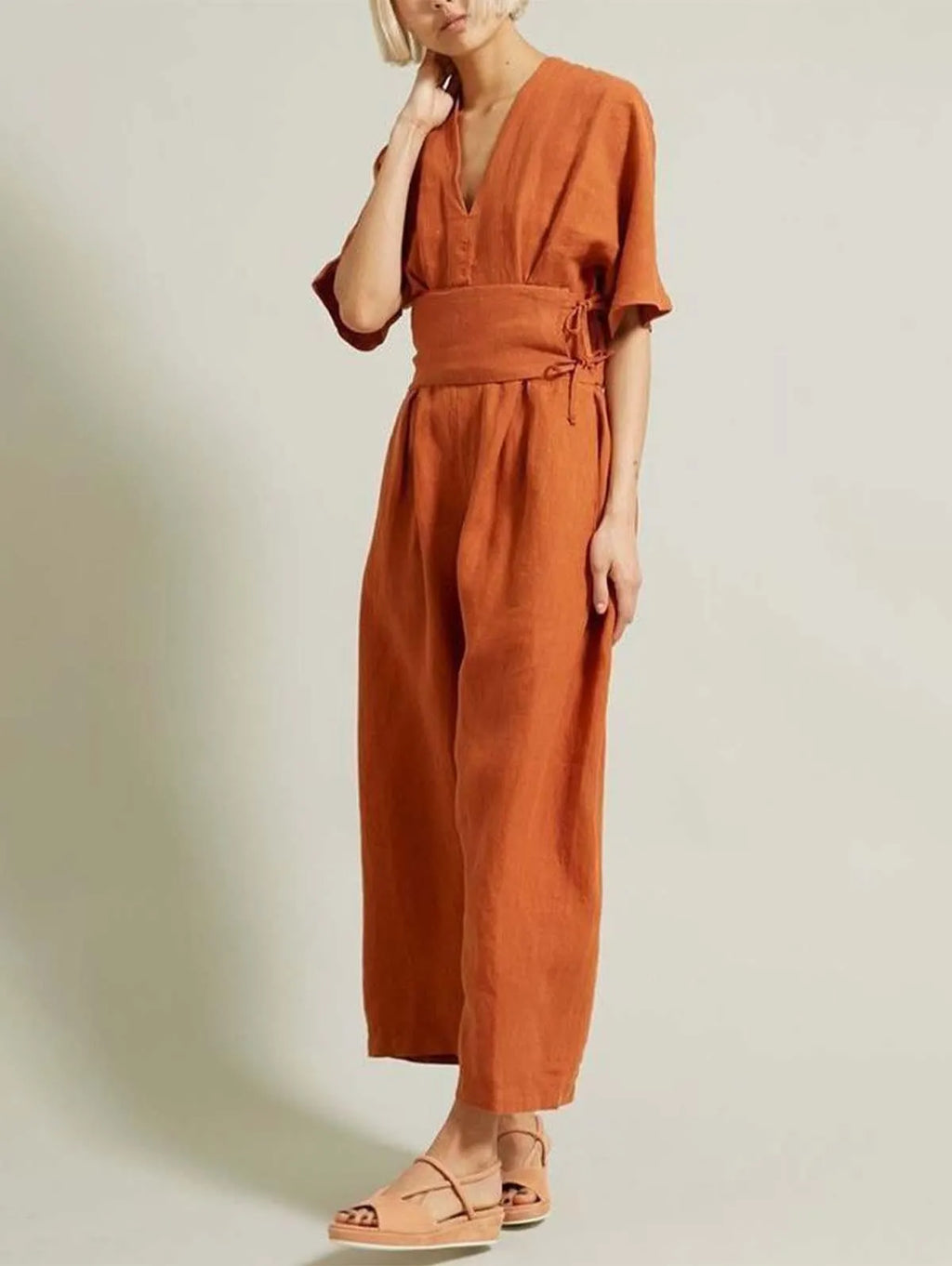 New Casual Age-reducing Western Style Retro Belted Linen Jumpsuit