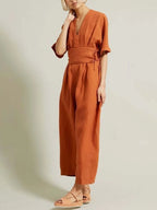 New Casual Age-reducing Western Style Retro Belted Linen Jumpsuit