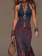 Retro Lace Halterneck Floral Fishtail Maxi Dress