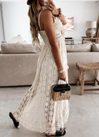 Summer Solid-Color Lace Camisole Maxi Dress with a Full Skirt