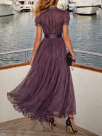 Purple Keyhole Neckline Chiffon Lace Trim Maxi Dress
