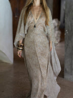 Elegant V-neck leopard print chiffon maxi dress with cape-style