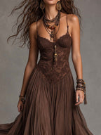 Dark Brown Lace-Paneled Chiffon Maxi Dress