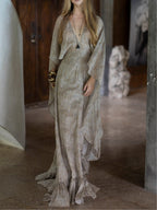 Elegant V-neck leopard print chiffon maxi dress with cape-style
