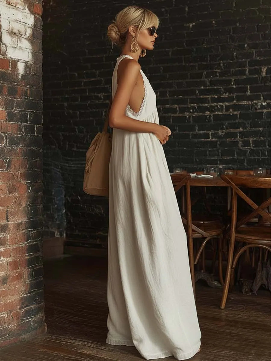 Elegant And Sexy Lace V-neck Cotton And Linen Jumpsuit