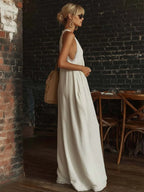 Elegant And Sexy Lace V-neck Cotton And Linen Jumpsuit