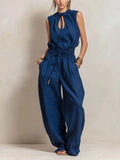 Casual Linen And Cotton Sleeveless Tie-waist Jumpsuit