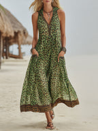 Women's Retro Casual Green Leopard Print Art Hooded Midi Dress