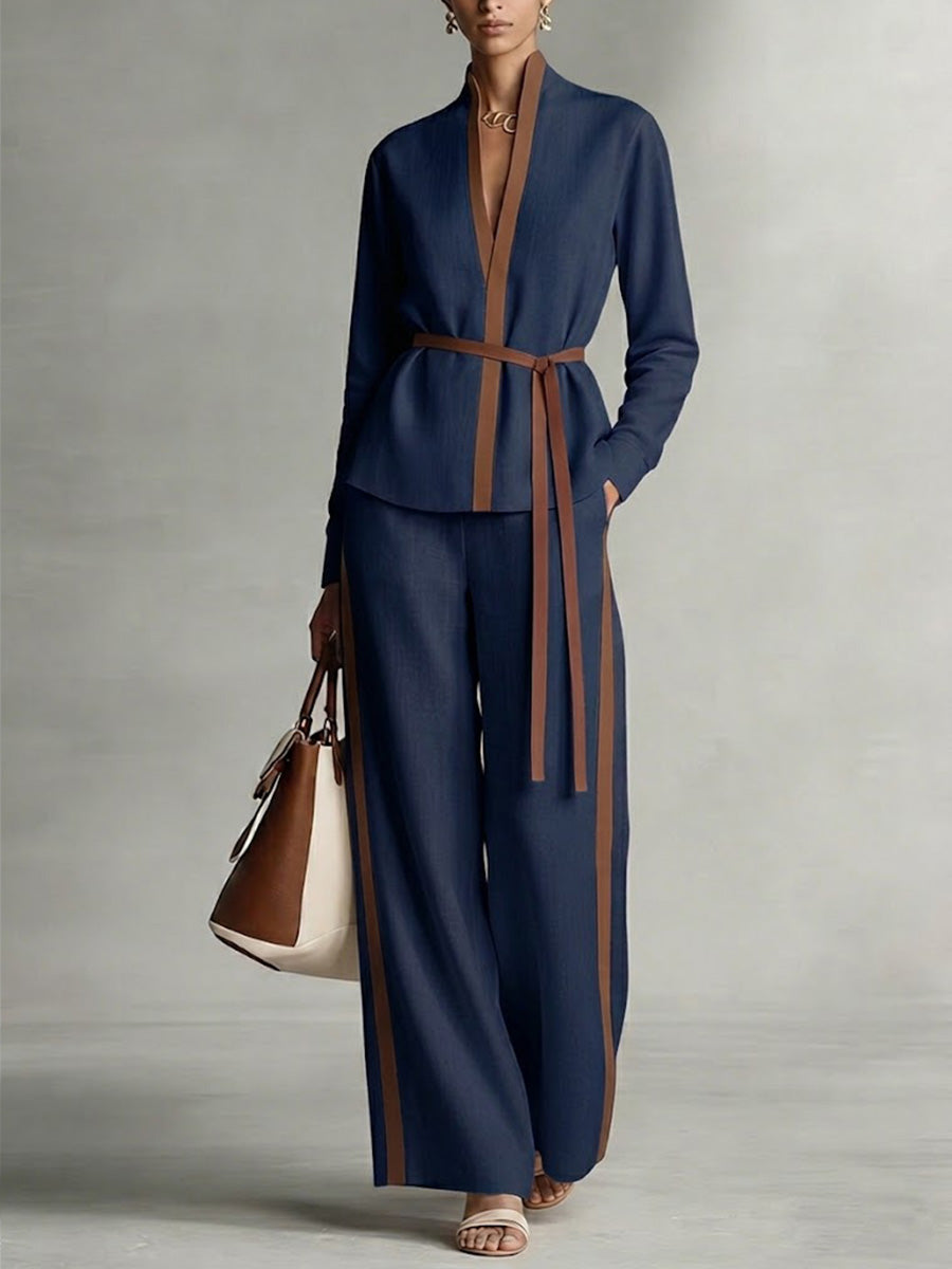 Women's Stand Collar Long Sleeve Casual Loose Top High Waist Casual Loose Wide Leg Pants Cotton Linen Set