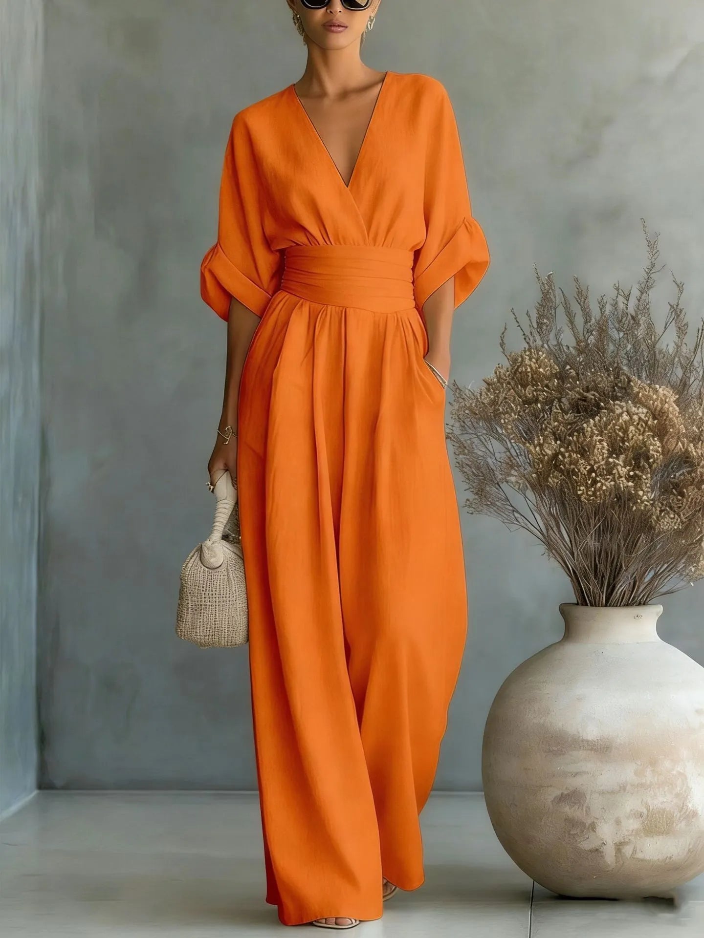 Flowy V-Neck Wide-Leg Jumpsuit with Waist Tie
