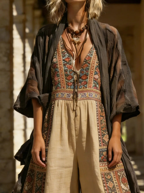 Bohemian Retro Linen Cotton Jumpsuit Cardigan Two-piece Set