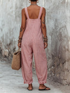 Striped Square-Neck Cotton-Linen Jumpsuit with Spaghetti Straps