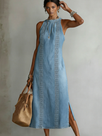 Retro Cozy Lace Print Denim Midi Dress