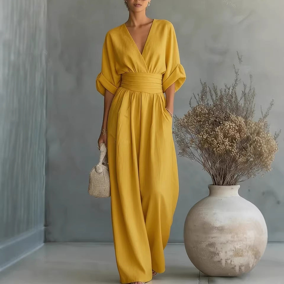 Flowy V-Neck Wide-Leg Jumpsuit with Waist Tie