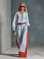Stylish Casual Blue Striped Shirt And Color-Block Wide-Leg Pants Cotton-Linen Set