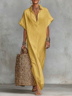 Women's Solid Color Collared Short-sleeved Casual Loose Linen Dress