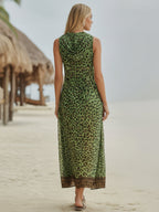 Women's Retro Casual Green Leopard Print Art Hooded Midi Dress