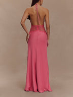 Deep V silk satin maxi dress with halterneck