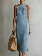 Retro Cozy Lace Print Denim Midi Dress