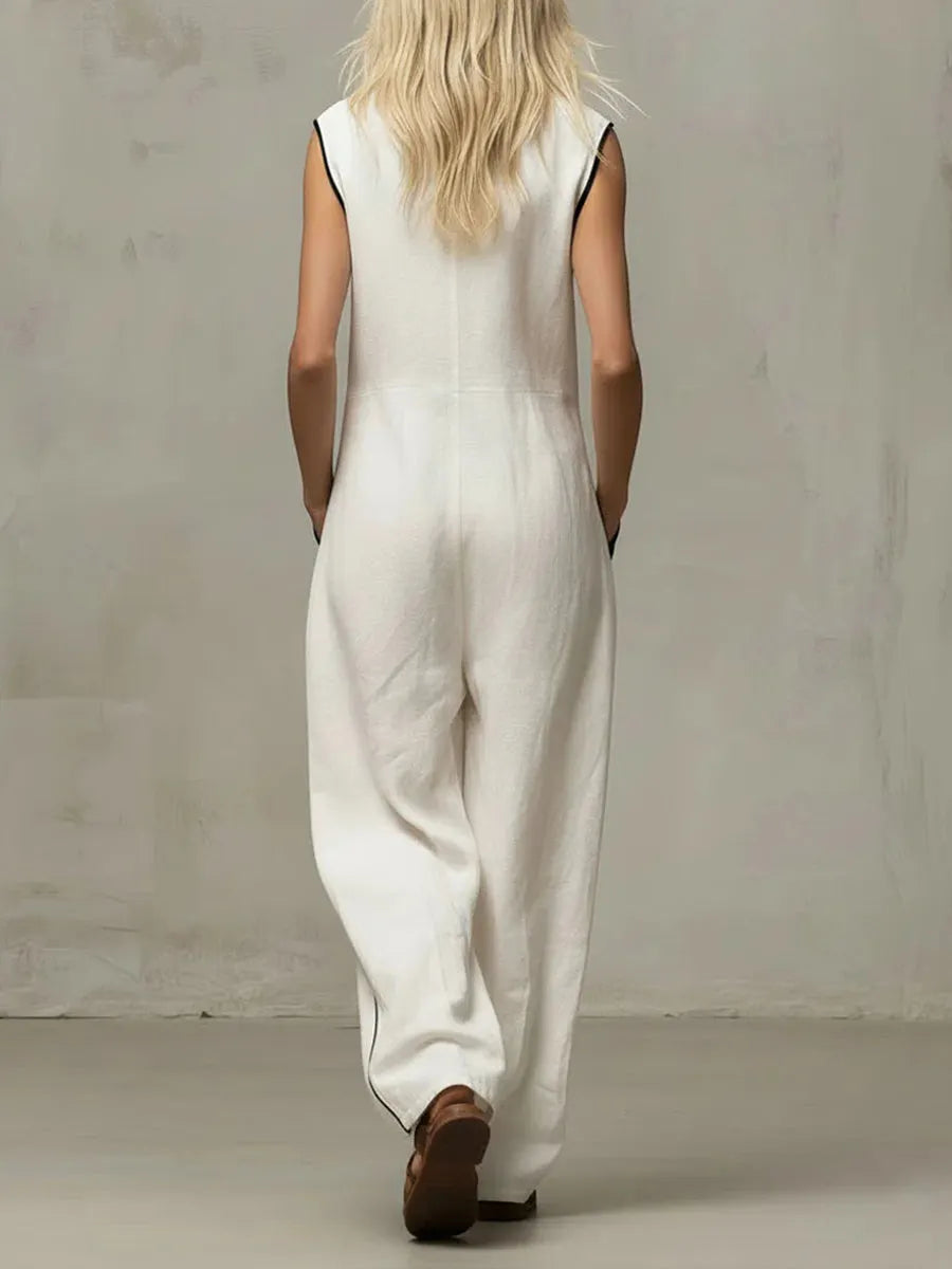 Women's V-neck Sleeveless Casual Loose Wide-leg Cotton And Linen Jumpsuit