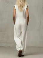 Women's V-neck Sleeveless Casual Loose Wide-leg Cotton And Linen Jumpsuit