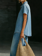 Casual Cozy Polo Collar Shirt And Jeans Denim Set