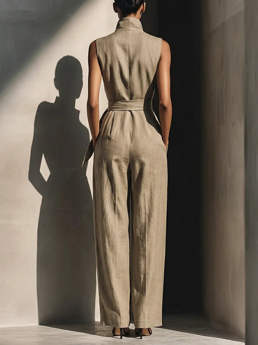 Elegant Collared Sleeveless Linen Cotton Jumpsuit