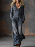 Retro Front Zipper Gray-blue Denim Hooded Jumpsuit
