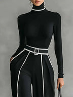 Long Sleeve High Neck Top Set with White Trim, Wide Leg Pants and Belt