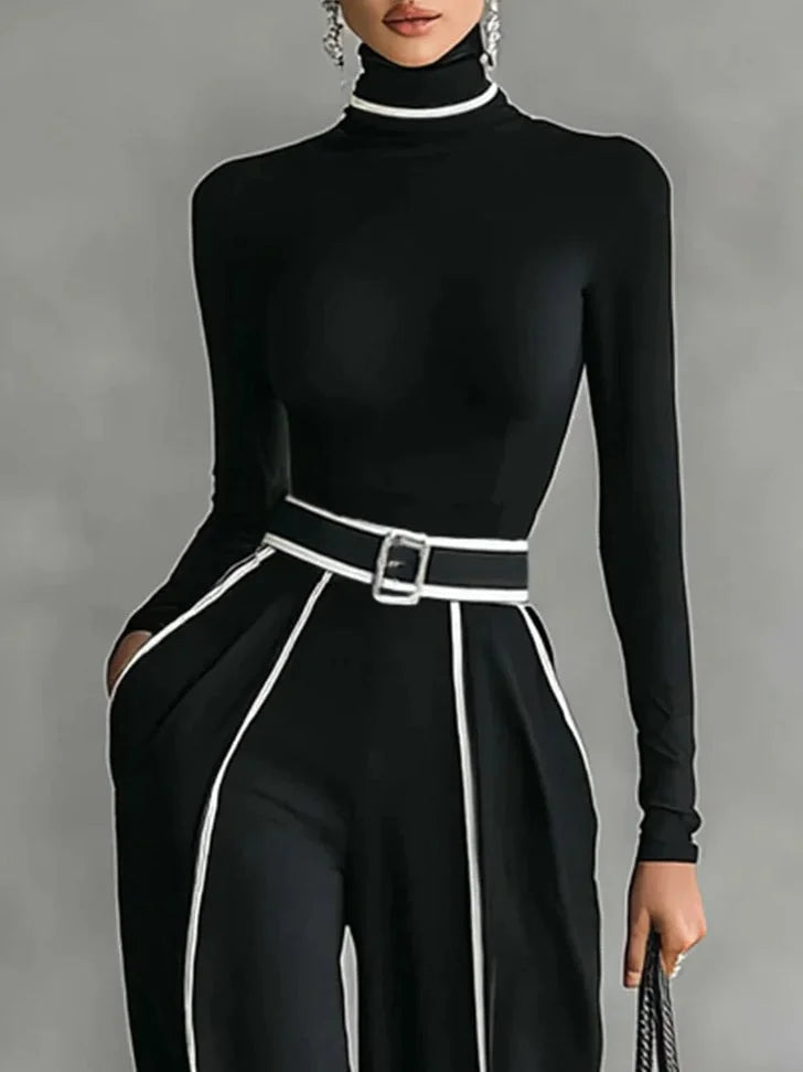Long Sleeve High Neck Top Set with White Trim, Wide Leg Pants and Belt