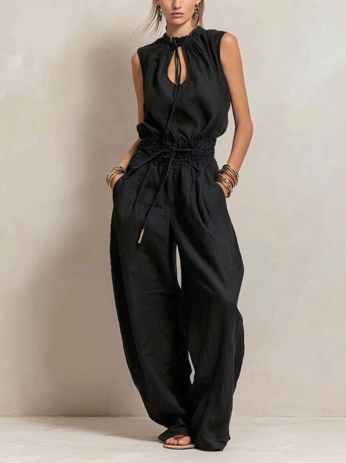 Casual Linen And Cotton Sleeveless Tie-waist Jumpsuit