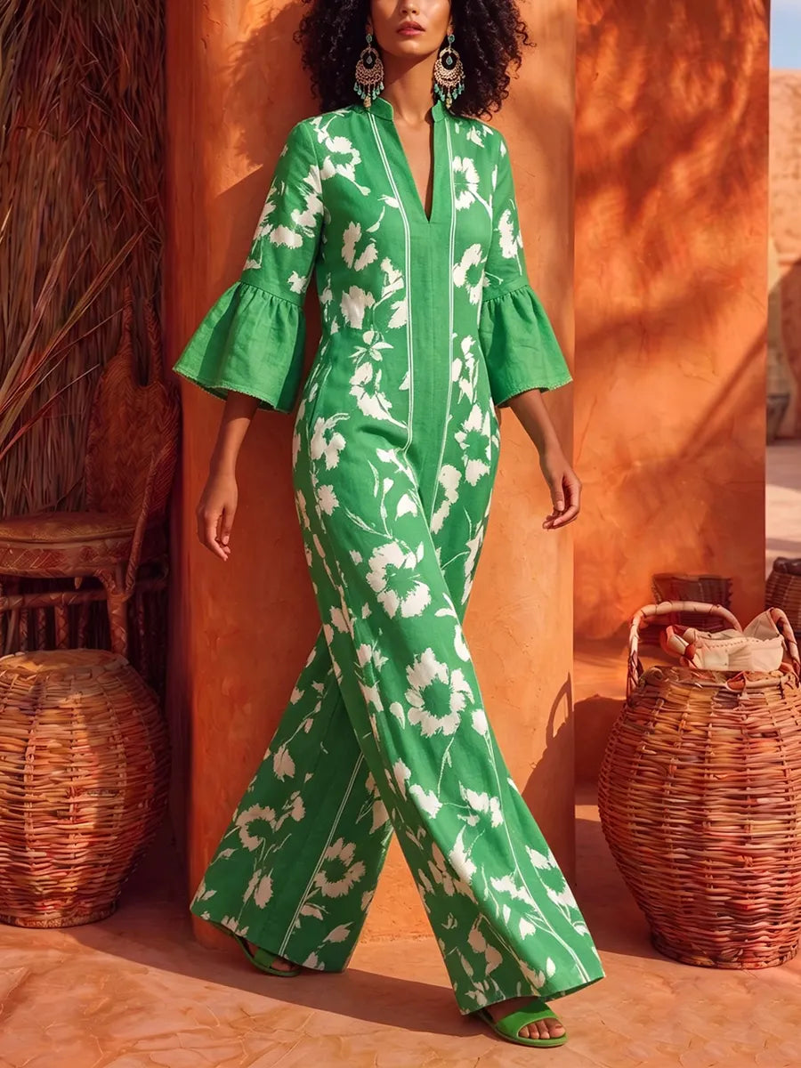 Retro Vacation-style Ruffled Cotton-linen Wide-leg Jumpsuit