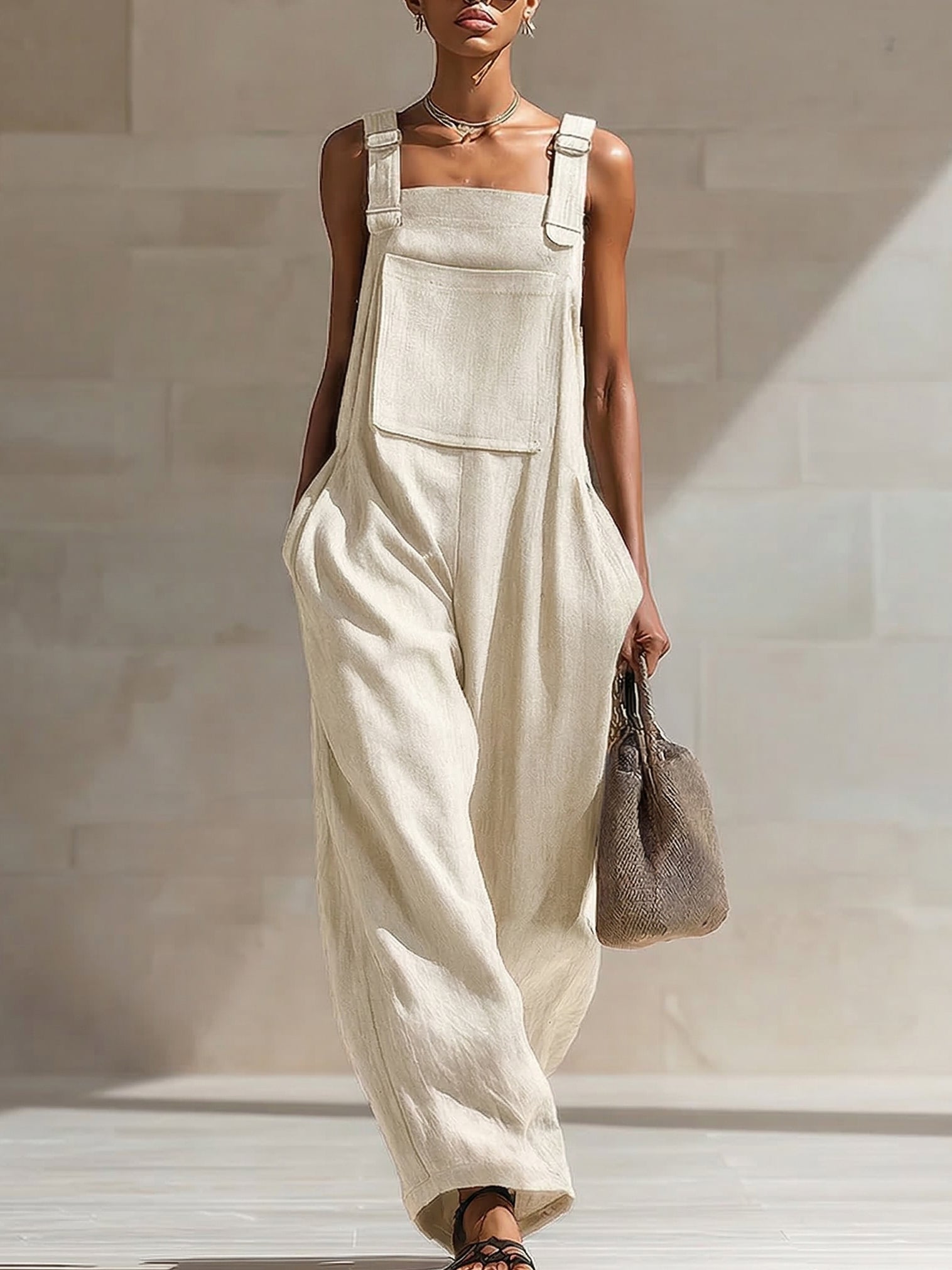 Casual Loose-fit Cotton Wide-leg Overalls