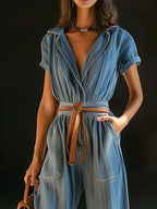 Women's Casual Stylish Lapel Short Sleeve Denim Jumpsuit