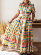Colorful Square Art Print Collared Shirt Dress