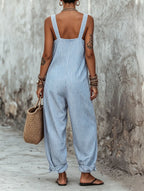 Striped Square-Neck Cotton-Linen Jumpsuit with Spaghetti Straps